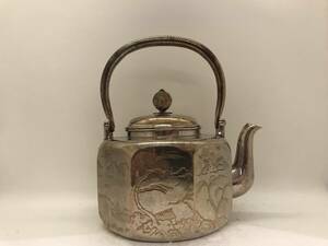 純銀製　一東斎造　湯沸　山水図　銀瓶　煎茶道具　時代物　美術品