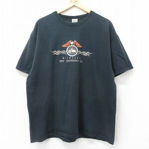 XL/古着 半袖 ビンテージ Tシャツ メンズ 00s バイク ミルウォーキー 刺繍 大きいサイズ コットン クルーネック 黒 ブラック 24apr01 中古