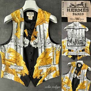 【E4125】未使用 保管品！HERMES エルメス VINTAGE《貴重なビンテージ品》最高級！シルク100% スカーフ カレ メンズ ジレ ベスト 50 silk