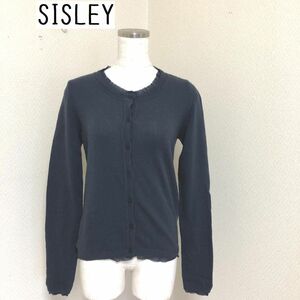 sisley　シスレー　洗える　ニットカーディガン　クルーネック　シフォンフリル　ネイビー　XS