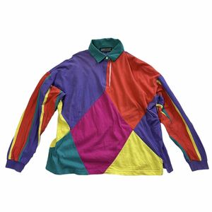 【1990s】ビンテージ　オーバーサイズ　パッチワーク　カラフル　ポロシャツ　パネル切り替え　古着　USA製