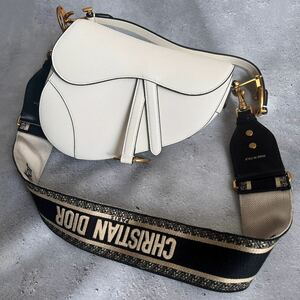 ◆中古美品/付属品◆Christian Dior クリスチャンディオールSaddle サドルバッグ カーフスキン 白ホワイト ロゴショルダーストラップ付き