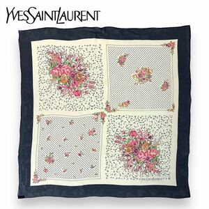 【美品】Yves Saint Laurent イヴ サンローラン 花 フラワー 総柄 ネイビー シルク 大判 スカーフ ストール ショール