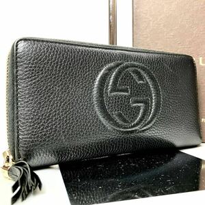 【極美品】GUCCI グッチ 長財布 ファスナー ラウンドジップ ソーホー インターロッキング GG エンボス タッセル シボ革 ブラック 黒 メンズ