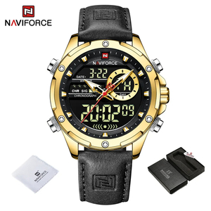 Naviforce メンズ クオーツ 腕時計 9208 高品質 カジュアル スポーツ クロノグラフ ウォッチ レザー バンド 時計 ゴールド × ブラック