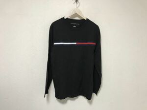 本物トミーヒルフィガーTOMMYHILFIGERコットンロゴ刺繍長袖TシャツロンTメンズサーフアメカジワークミリタリーM黒ブラック