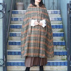 EU VINTAGE CHECK PATTERNED WOOL FOODED CAPE COAT PONCHO/ヨーロッパ古着チェック柄ウールフーデッドケープコートポンチョ