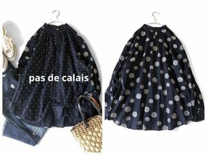 タカシマヤ取扱♪パドカレ pas de calais 上質リネン麻ブレンド大人可愛いゆったりコインドット切替比翼ボタンバンドカラーシャツ♪