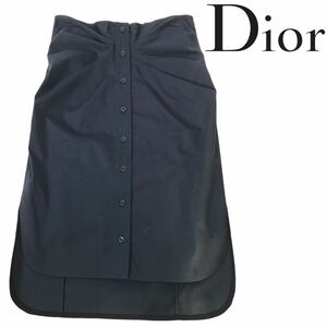 h274 Christian Dior ディオール 膝丈スカート タイトスカート シャツデザイン ネイビーmフロントボタン 40 イタリア製 コットン 正規品