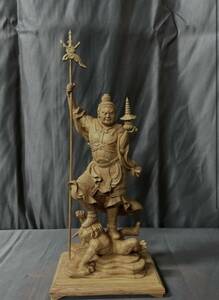 仏教工芸品　総ケヤキ製　井波彫刻　極上彫　木彫仏像　毘沙門天立像