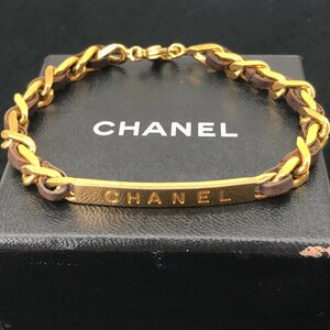 CHANEL シャネル プレート ロゴ レザー チェーン ブレスレット ゴールド 良品 M5110