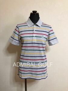 【美品】 ADMIRAL GOLF アドミラル ゴルフ レディース ボーダー 鹿の子 ポロシャツ トップス 半袖 サイズM グレー 日本製 ADMA317