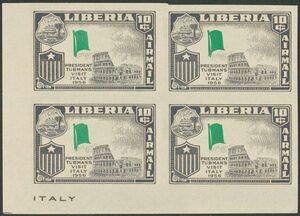 外国切手　リベリア　未使用　1958年　タブマン大統領訪欧　イタリア　無目打　赤印刷モレエラー　コーナー田型ブロック