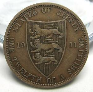 英王室属領ジャージー 1/12シリング銅貨 1911年 30.82mm 9.37g