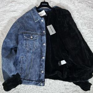 新品30万【未使用タグ付】BALENCIAGA バレンシアガ デニムジャケット フェイクシアリング 19AW 583230 イタリア製 48 インディゴ ボア