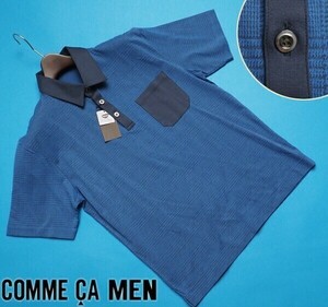 新品定価1.8万円 COMME CA MEN コムサメン 日本製 Triporous グレンチェック ポロシャツM青(22) 42CC05 ラスト