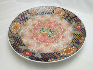 R-062429　極上品！　江戸期　古伊万里　金彩　色絵　錦手　獅子　鳥　花文　1尺5寸皿　約46.5cm　大皿(一尺五寸、和食器、和皿)