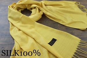 新品 薄手【シルク100% SILK】無地 ゴールド系イエロー GOLD YELLOW 黄色 Plain 大判 ストール 訳あり