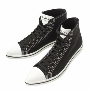 【プラダ】Prada　ポインテッドトゥ キャンバス ハイカット スニーカー ブラック×ホワイト 5 1/2 未使用【中古】192020