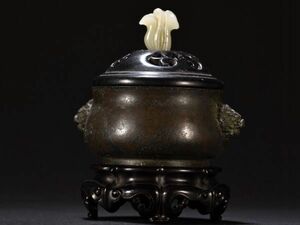 「明代 永世之寶 古銅彫 双獅耳老銅香炉」旧銅器 置物擺件 賞物 中国古美術 旧蔵出