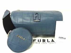 1円 ■新品同様■ FURLA フルラ レザー コインケース付き クロスボディ ショルダーバッグ 斜め掛け レディース ブルー系 AZ2472