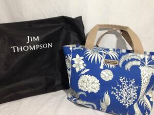 ★JIM THOMPSON ジムトンプソン トートバッグ ハンドバッグ 大容量 タイ ブルー 青 ヤシの木 未使用に近い 美品 袋付き