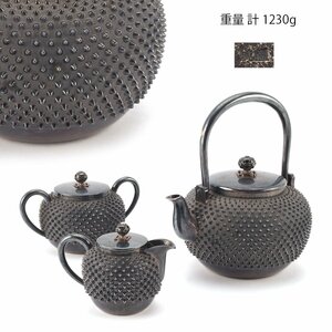 【夢工房】純銀 製 七宝透摘 霰 茶器三点揃　重量計1230ｇ　湯沸銀純度99.61％　PC-133