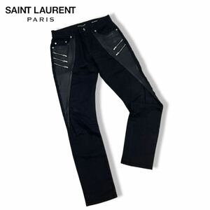 正規品 SAINT LAURRENT Paris サンローランパリ 392966 Y8691 レザー切り替え スキニー デニムパンツ 3連ジップ ジーンズ ブラック 32