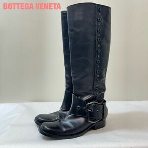 JJ0002★4 BOTTEGA VENETA ボッテガヴェネタ レディース レザー ヒール ロング ブーツ シューズ 革靴 黒 ロゴ バックル スタッズ 36サイズ