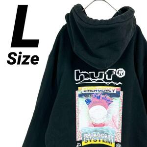 美品★L★HUF ハフ 両面プリント プルオーバーパーカーエマージェンシー システム EMERGENCY SYSTEM P/O HOODIE 黒 ブラック