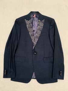 美品 ETRO イタリア製シルクジャケット size48 タキシードジャケット ペイズリー柄 ネイビージャケット スモーキングジャケット エトロ