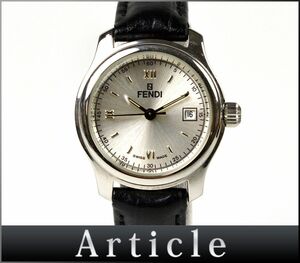 174516◆動作確認済 FENDI フェンディ レディースウォッチ 腕時計 クォーツ 210L デイト 3針 SS レザー 革 シルバー ブラック/ D