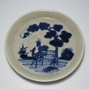 中国美術　清　哥釉青花双鹿紋盤　「進」時代物