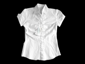 新品 Heart Made Shirts 半袖 フリル ブラウス 白 S 7号 形態安定 消臭 デオドラント シャツ ストライプ レディース パフスリーブ