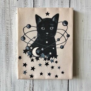 月猫★アート「星月猫 くろ」絵画 F0 複製画　木製パネル貼り「004」猫