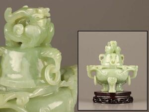 中国古玩 唐物 緑砡石 翡翠 置物 遊環 香炉 時代物 極上品 初だし品 C3395