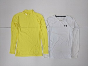 6．アンダーアーマー 2点 セット UA 速乾 長袖アンダーウェア インナーシャツ トレーニングウェア メンズMD 白黄色 x204