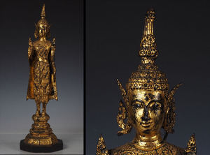 SZ75 泰国 銅製 金剛仏 金宝冠佛立像 文仏 仏像 高さ47cm / タイ仏教美術 仏教美術 古銅 釈迦如来 中国古玩