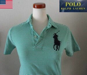 ★ レディース ラルフローレン RALPH LAUREN ボーダー柄 ビッグポニー 半袖 ポロカットソー US S 日本Ｍサイズ グリーン ホワイト 