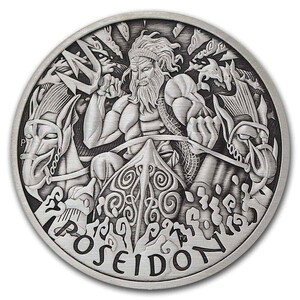 [保証書・カプセル付き] 2021年 (新品) ツバル「オリンポスの神々・ポセイドン 海の神」純銀 1オンス アンティーク 銀貨