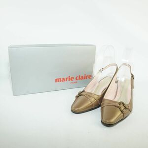 美品 小さいサイズ marie claire マリ・クレール 21.0 バッグストラップパンプス ヒール 本革 レザー フラワーモチーフ ゴールド/DC383