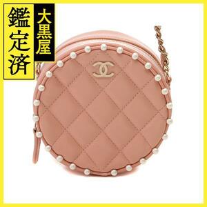 CHANEL 　シャネル　ショルダーバッグ　マトラッセ　ラウンド　チェーンショルダー　ピンク　ベージュ　レザー 　フェイクパール 【472】HG