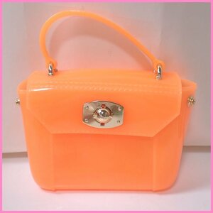 ★未使用 Furla/フルラ 2way ミニハンドバッグ/オレンジ×ゴールド金具/ビニール/斜め掛けOK/保管袋・ショルダーベルト付き&1201700345