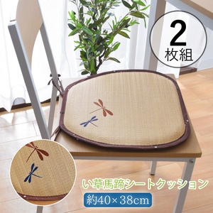 シートクッション 2枚組 い草 馬蹄 紐付き 座布団 椅子用 和柄 刺繍 約40×38×1.5cm ブラウンドット 吸湿性 抗菌 消臭 お盆 日本