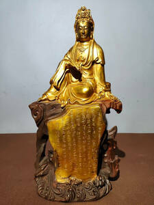▽鴻▽ 銅製 塗金 自在觀音像 置物 古賞物 中国古玩 中国古美術