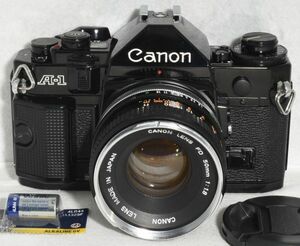 【整備/性能測定済】Canon A-1 ブラック＋FD 50mmF1.8 「oマーク」_ P,S,A機能OK(1917221_45)