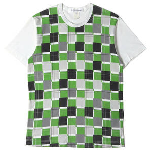 COMME des GARCONS コムデギャルソン Tシャツ サイズ:S チェック プリント 切替 W18083 クルーネック SHIRT シャツ ホワイト グリーン