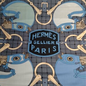 HERMES エルメス カシミヤ シルク スカーフ カレ140 SELLIER タッタソール ブラック×ブルー 正規品 / 33688