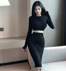 844　スカートスーツレディース　◇　綺麗めシルエット　　魅惑Style　ファッション◇　ロング丈　　ブラック