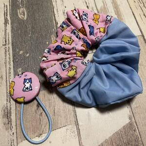 handmade シュシュ ＆くるみボタンのヘアゴム パッチワーク　猫ちゃん柄　ヘアアクセサリー セット